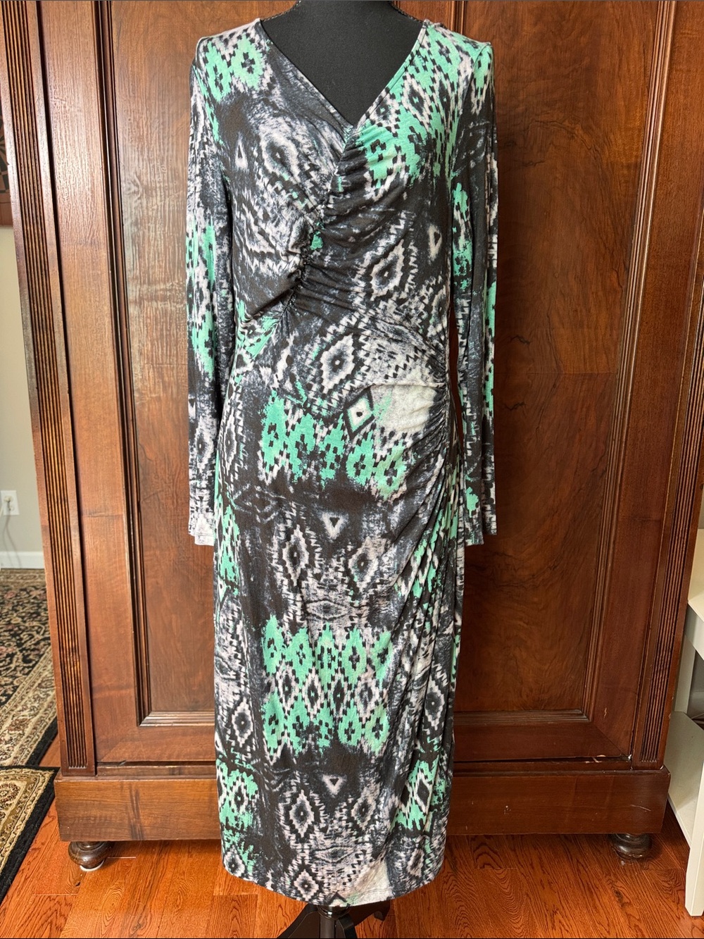 Lafayette 148 New York Green and Black Printed Twist-Front Maxi Dress